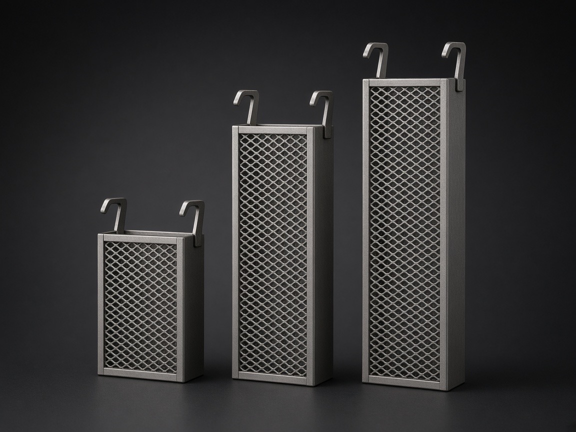 Three titanium baskets of different lengths