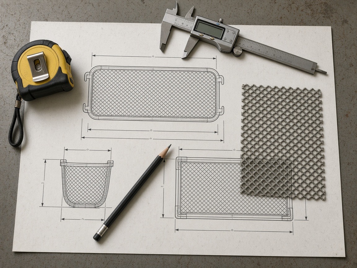 Engineering drawing with tape measure and mesh sample