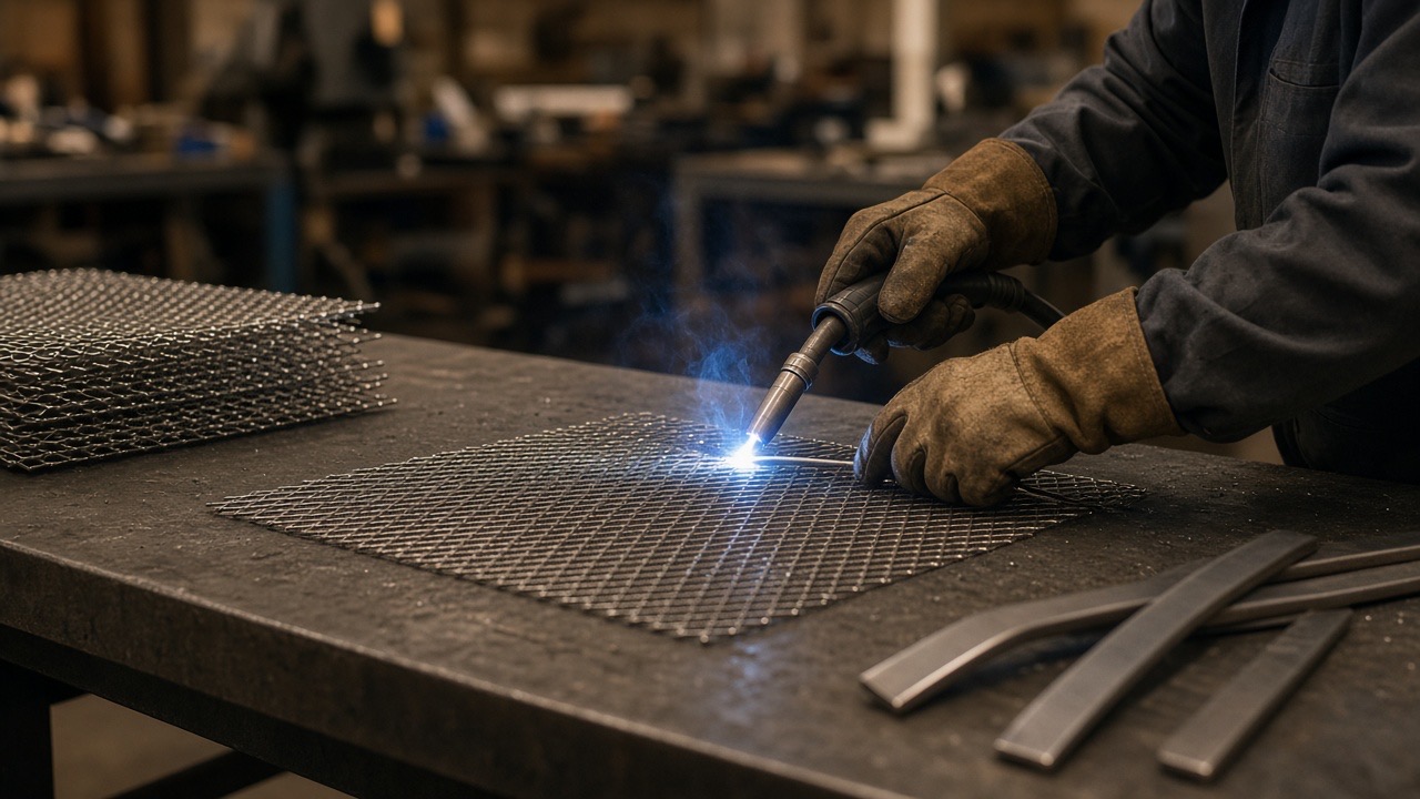 Gloved hands TIG welding a titanium mesh panel